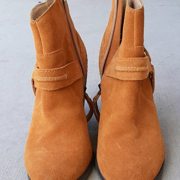 Women's Orange Ankle Leather Boots with Gold Buckle Size 8 - Picture 1 of 7